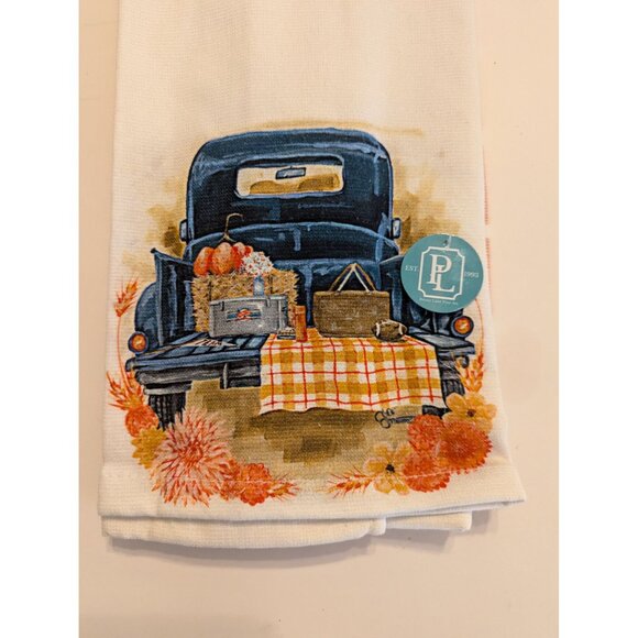 Vintage Blue Truck and Striped Kitchen Towels Picnic Time Fall Autumn Cotton NEW - Picture 2 of 5